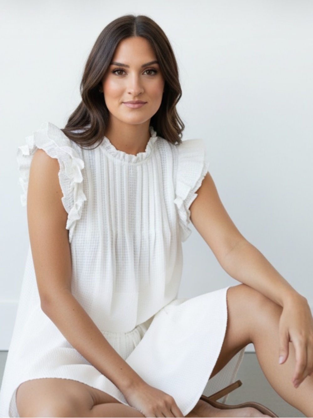Umgee Cream Pintuck Smock Ruffle neck and sleeve textured top L